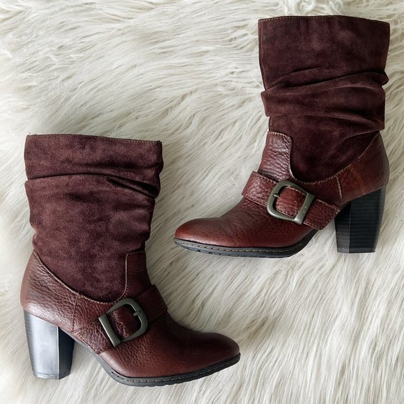 BOC BORN Chocolate Brown Leather Boho Buckle Pull On Mid Calf Block Heel Boots - Picture 2 of 14